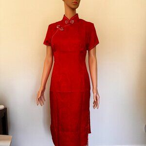 Vintage Red Cheongsam Qipao Dress | Chinese Brocade Dress | Mandarin Collar | Sh